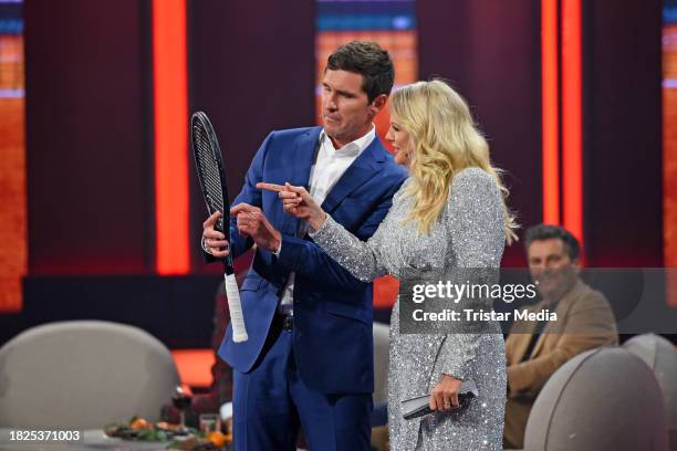 In this photo released on December 5, Mischa Zverev and Barbara Schöneberger during the "Verstehen Sie Spass?" TV show at Studio Berlin Adlershof on...