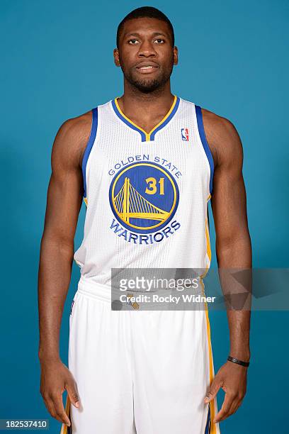 Festus Ezeli poses for a photo on Golden State Warriors media day held September 27, 2013 at the Warriors practice facility in Oakland, California....
