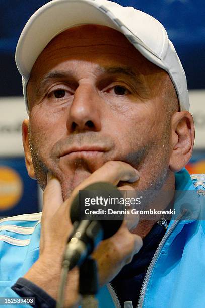 Head coach Elie Baup of Olympique Marseille reacts during a press conference ahead of their Champions League match against Borussia Dortmund on...