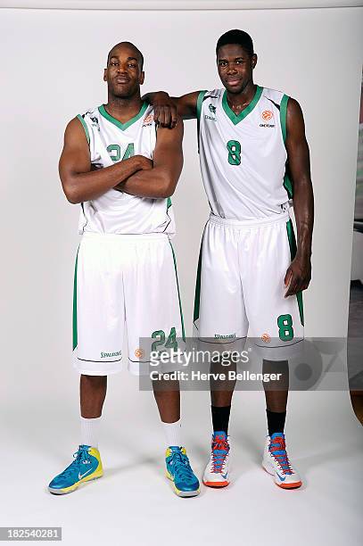 Ali Traore, #24 and Mam Judith, #8 poses during the JSF Nanterre 2013/14 Turkish Airlines Euroleague Basketball Media Day at Palais des Sports de...