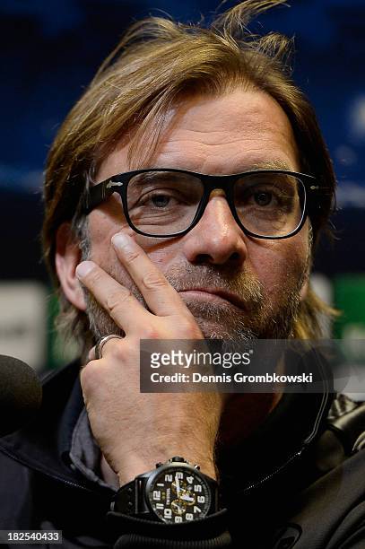 Head coach Juergen Klopp of Borussia Dortmund reacts during a press conference ahead of their Champions League match against Olympique Marseille on...