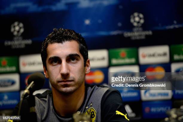 Henrikh Mkhitaryan of Borussia Dortmund reacts during a press conference ahead of their Champions League match against Olympique Marseille on...