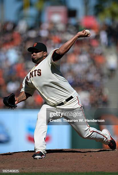 Jose Mijares of the San Francisco Giants pitches during the six inning against the San Diego Padres at AT&T Park on September 28, 2013 in San...