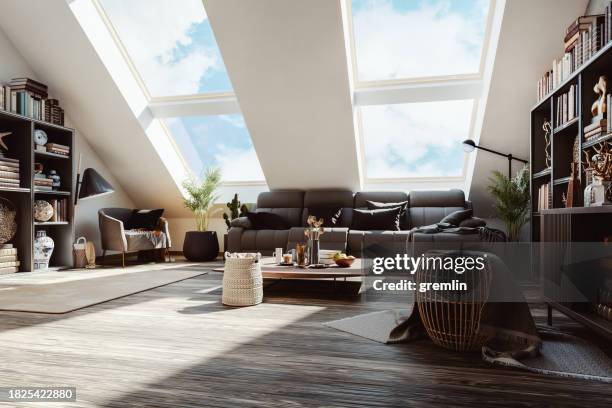 salon de l’appartement loft moderne - annonce immobilière photos et images de collection