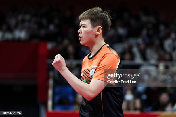 Chen Szu-Yu of Team Chinese Taipei competes against Zeng Jian of Team Singapore during ITTF Mixed Team World Cup Chengdu 2023 at Sichuan Stadium on...