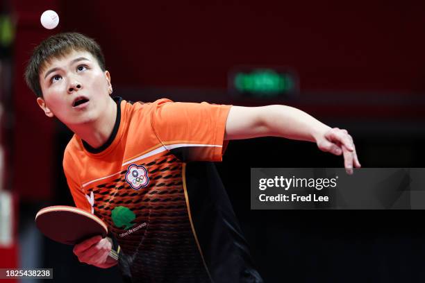 Chen Szu-Yu of Team Chinese Taipei competes against Zeng Jian of Team Singapore during ITTF Mixed Team World Cup Chengdu 2023 at Sichuan Stadium on...