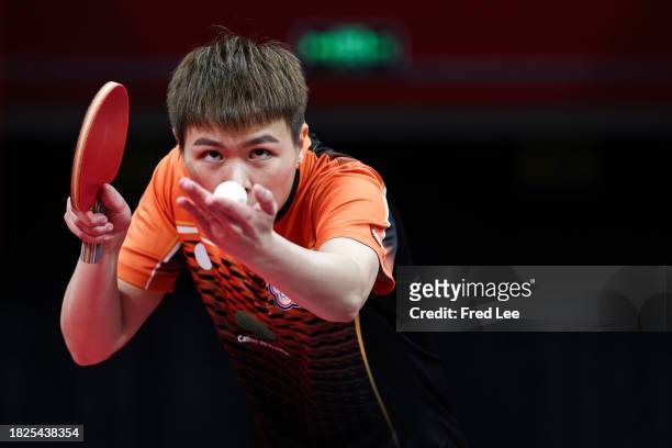 Chen Szu-Yu of Team Chinese Taipei competes against Zeng Jian of Team Singapore during ITTF Mixed Team World Cup Chengdu 2023 at Sichuan Stadium on...