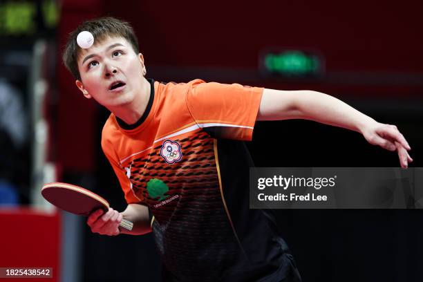 Chen Szu-Yu of Team Chinese Taipei competes against Zeng Jian of Team Singapore during ITTF Mixed Team World Cup Chengdu 2023 at Sichuan Stadium on...