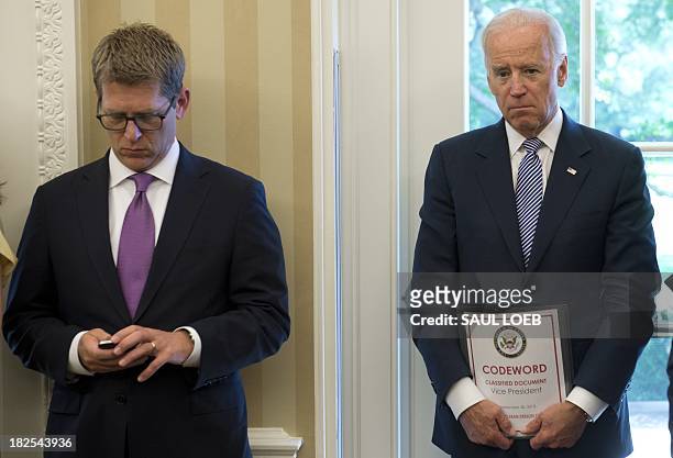 Vice President Joe Biden and White House Press Secretary Jay Carney attend a meeting between US President Barack Obama and Israeli Prime Minister...