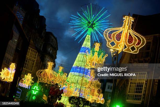 This photograph shows Christmas lights in a street in Vigo, northwestern Spain, on December 4, 2023.