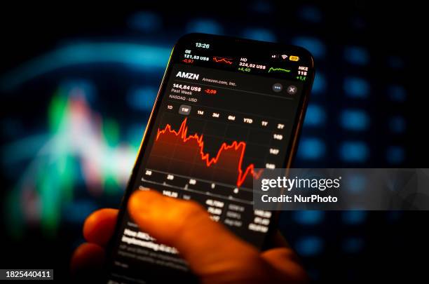 The Amazon stock price is seen on the NASDAQ market on a mobile device application in this illustration photo taken in Warsaw, Poland on 05 December,...