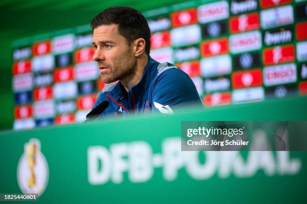 Xabi Alonso of Bayer 04 Leverkusen during the press conference prior the DFB Cup match at the BayArena on December 5, 2023 in Leverkusen, Germany.