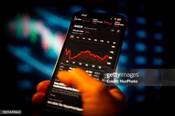 The Amazon retail stock price on the NASDAQ market is seen on a mobile device application in this illustration photo taken in Warsaw, Poland on 05...