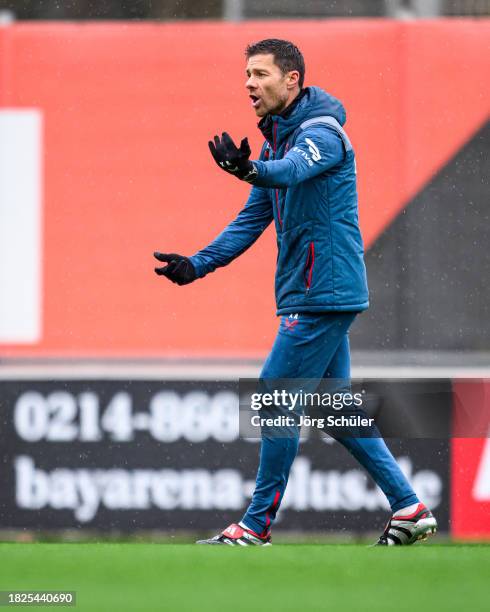 Xabi Alonso of Bayer 04 Leverkusen during a training session at the Ulrich-Haberland-Stadion on December 5, 2023 in Leverkusen, Germany.