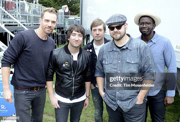 Tim Lopez, Tom Higgenson, Dave M. Tirio, Mike Retondo, and De'Mar Hamilton of Plain White T's pose at 97.3 Alice Now and Zen in Sharon Meadow in...