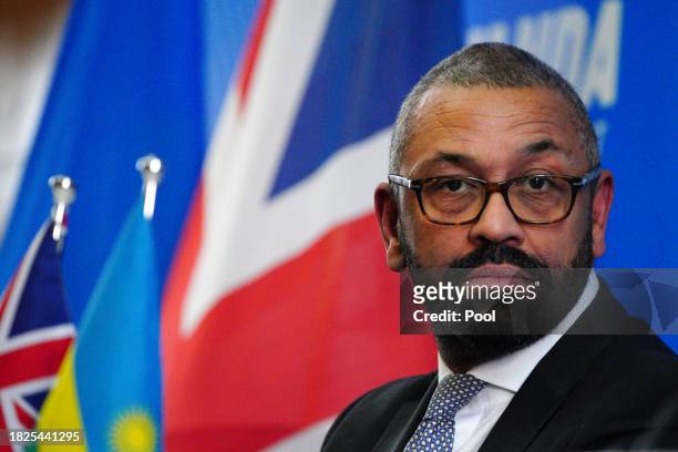 British Home Secretary James Cleverly during a press conference with Rwandan Minister of Foreign Affairs Vincent Biruta after the signing of a new...
