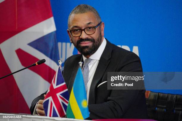 British Home Secretary James Cleverly during a press conference with Rwandan Minister of Foreign Affairs Vincent Biruta after the signing of a new...