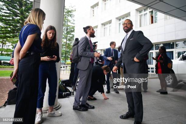 British Home Secretary James Cleverly doing media interviews after the signing of a new treaty with Rwanda on December 5, 2023 in Kigali, Rwanda. The...