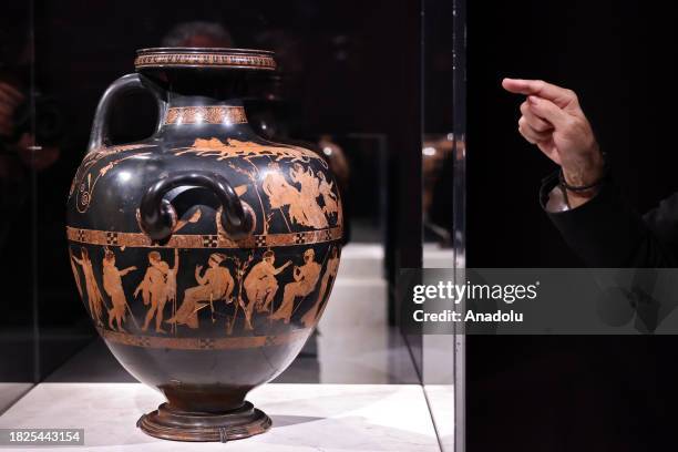 Acropolis Museum director, Nikolaos Stampolidis presents to the journalists the Ancient Greek vase from 420 BC "Meidias hydria" brought from the...