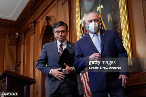 Speaker of the House Mike Johnson and House Majority Leader Rep. Steve Scalise depart a news conference at the U.S. Capitol December 5, 2023 in...