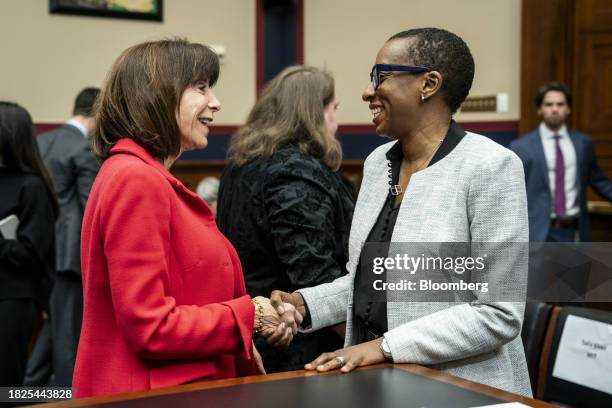 Claudine Gay, president of Harvard University, right, shakes hands with Representative Kathy Manning, a Democrat from California, during a House...