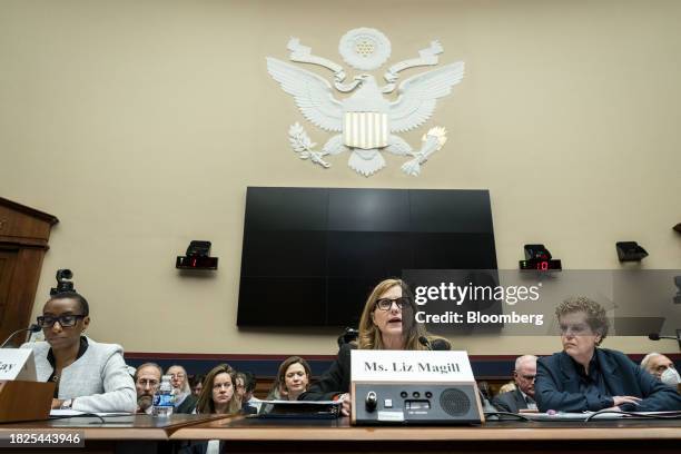 Claudine Gay, president of Harvard University, from left, Liz Magill, president of the University of Pennsylvania, and Pamela Nadell, professor of...