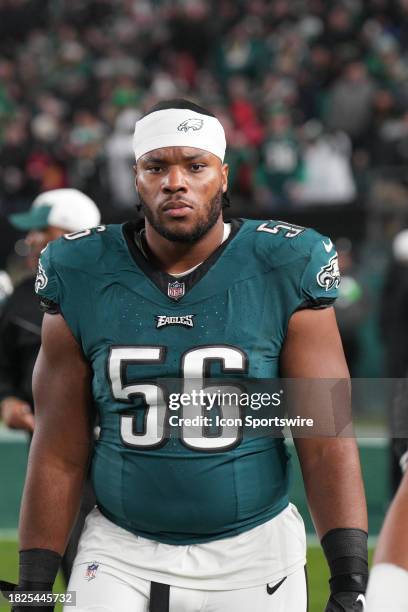 Philadelphia Eagles guard Tyler Steen looks on during the game between the San Fransisco 49ers and the Philadelphia Eagles on December 3, 2023 at...