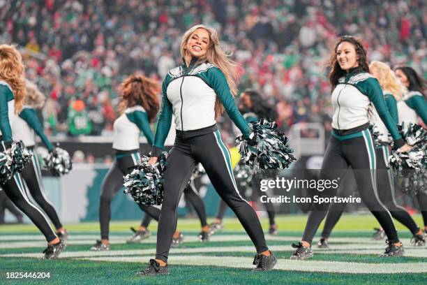 Philadelphia Eagles cheerleaders perform during the game between the San Fransisco 49ers and the Philadelphia Eagles on December 3, 2023 at Lincoln...