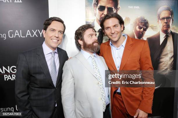 Bradley Cooper, Zach Galifianakis and Ed Helms arrive at Warner Bros. Premiere of The Hangover: Part III, on Monday, May 2013 in Los Angeles.