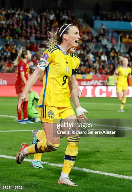 Kosovare Asllani and Johanna Rytting Kaneryd of Sweden celebrate 2nd goal during the UEFA Women's Nations League match between Spain and Sweden at La...