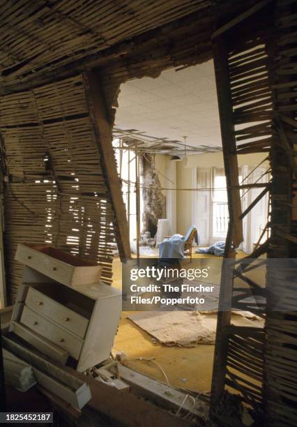 Bomb damage to the Grand Hotel in Brighton after an attack by the IRA which killed five people during the Conservative Party conference, circa...