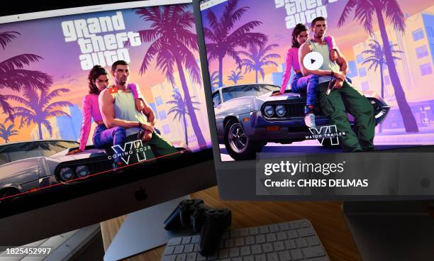 This illustration photo created in Los Angeles, California, on December 5 shows Rockstar Games' Grand Theft Auto 6 trailer played on computer...