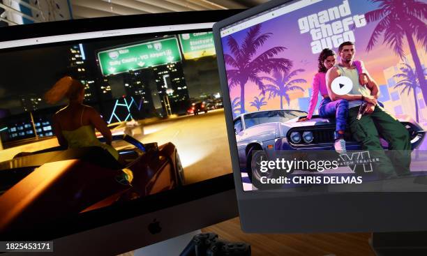 This illustration photo created in Los Angeles, California, on December 5 shows Rockstar Games' Grand Theft Auto 6 trailer played on computer...