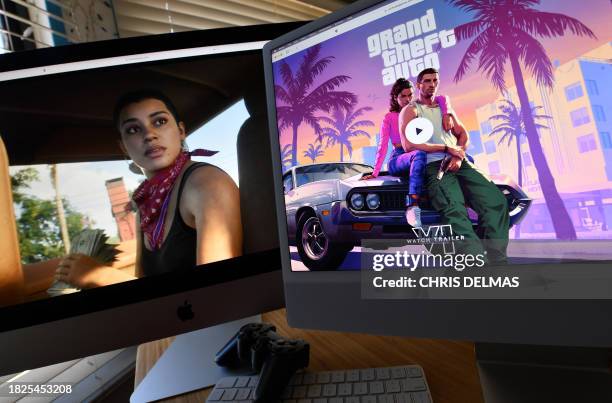 This illustration photo created in Los Angeles, California, on December 5 shows Rockstar Games' Grand Theft Auto 6 trailer played on computer...