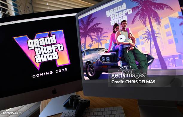This illustration photo created in Los Angeles, California, on December 5 shows Rockstar Games' Grand Theft Auto 6 trailer played on computer...