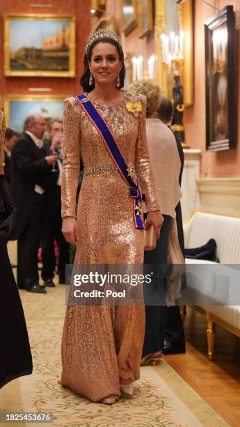 Catherine, Princess of Wales at an evening reception for members of the Diplomatic Corps at Buckingham Palace on December 5, 2023 in London, England.