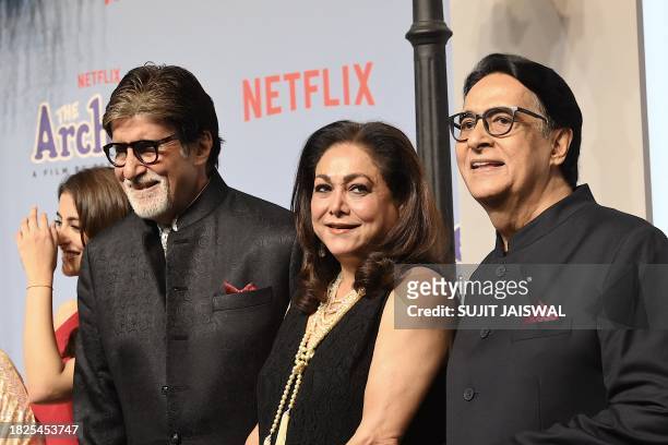 Bollywood actor Amitabh Bachchan with his brother Ajitabh Bachchan and actress Tina Ambani attend the premiere of Netflix's Indian Hindi-Language...