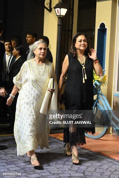 Bollywood actress Jaya Bachchan and Tina Ambani attend the premiere of Netflix's Indian Hindi-Language teen musical comedy film 'The Archies' in...