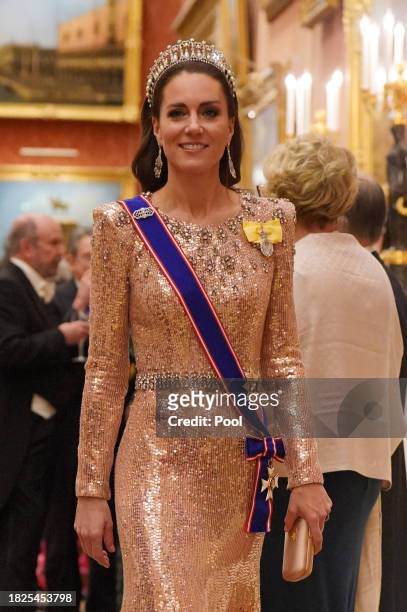 Catherine, Princess of Wales at an evening reception for members of the Diplomatic Corps at Buckingham Palace on December 5, 2023 in London, England.