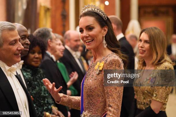 Catherine, Princess of Wales at an evening reception for members of the Diplomatic Corps at Buckingham Palace on December 5, 2023 in London, England.