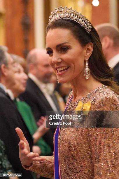 Catherine, Princess of Wales at an evening reception for members of the Diplomatic Corps at Buckingham Palace on December 5, 2023 in London, England.