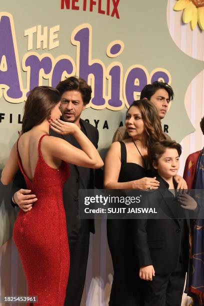 Bollywood actor Shah Rukh Khan with his family, sons Aryan, AbRam, daughter Suhana and wife Gauri Khan attend the premiere of Netflix's Indian...