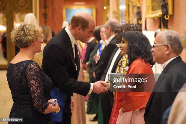 Prince William, Prince of Wales at an evening reception for members of the Diplomatic Corps at Buckingham Palace on December 5, 2023 in London,...