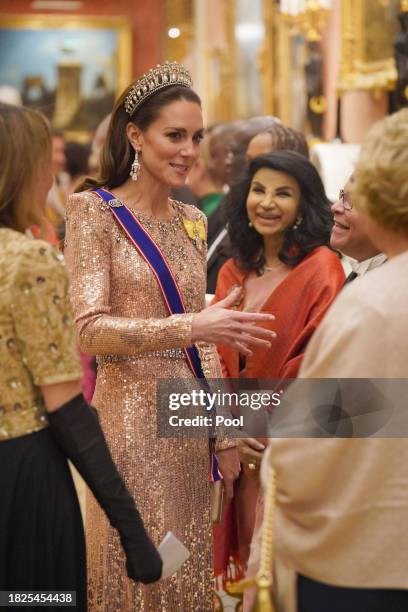 Catherine, Princess of Wales at an evening reception for members of the Diplomatic Corps at Buckingham Palace on December 5, 2023 in London, England.