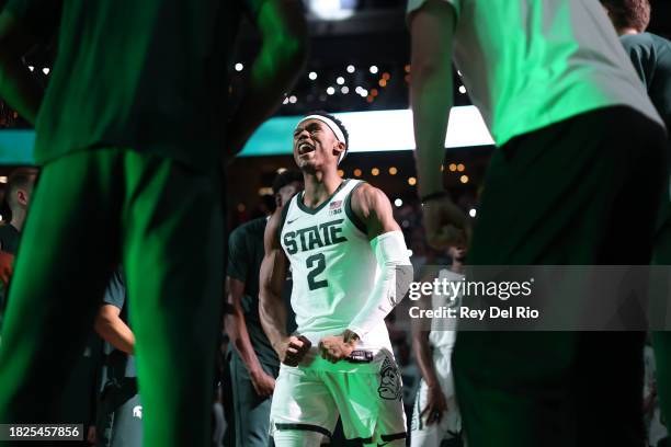 Tyson Walker of the Michigan State Spartans during players introductions before a game against the Wisconsin Badgers at Breslin Center on December 5,...