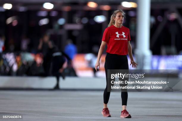 Mia Kilburg-Manganello of USA warms up for the Mass Start Women race on Day 1 of the ISU World Cup Speed Skating at Var Energi Arena Sormarka on...