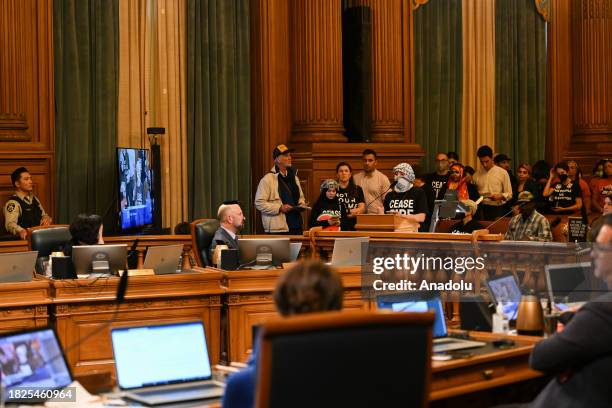 Over two thousand people pack S.F. City Hall as supervisor Dean Preston introduces resolution calling for cease-fire in Israeli attacks on Gaza,...