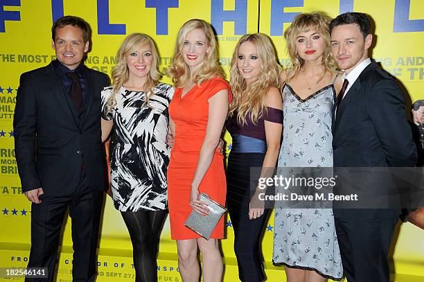Jon S Baird, Joy McAvoy, Shauna Macdonald, Joanne Froggatt, Imogen Poots and James McAvoy attend the London Premiere of "Filth" at the Odeon West End...