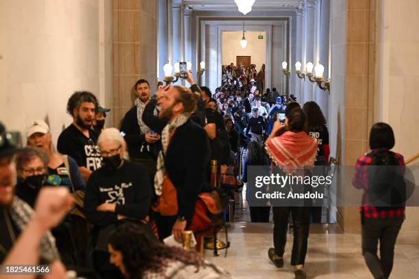 Over two thousand people pack S.F. City Hall as supervisor Dean Preston introduces resolution calling for cease-fire in Israeli attacks on Gaza,...