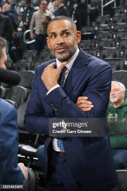 Grant Hill looks on during the game during the quarter finals of the In-Season Tournament on December 5, 2023 at the Fiserv Forum Center in...